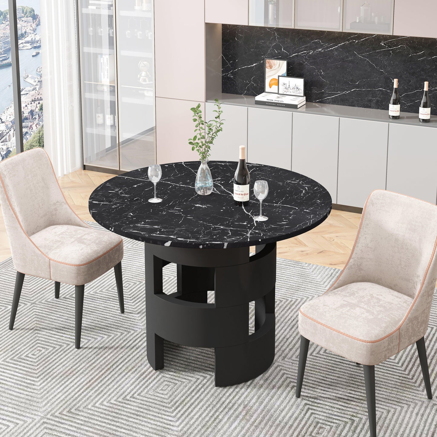 42.12"Modern Round Dining Table with Printed Black Marble Table Top for Dining Room - FurniFindUSA