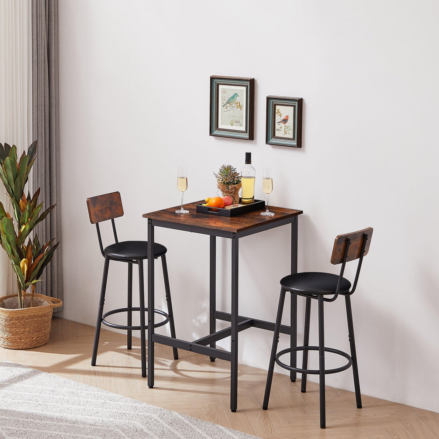 Bar Table Set with 2 Bar stools PU Soft seat with backrest Rustic Brown 23.62'' W x 23.62'' D x 35.43'' H - FurniFindUSA