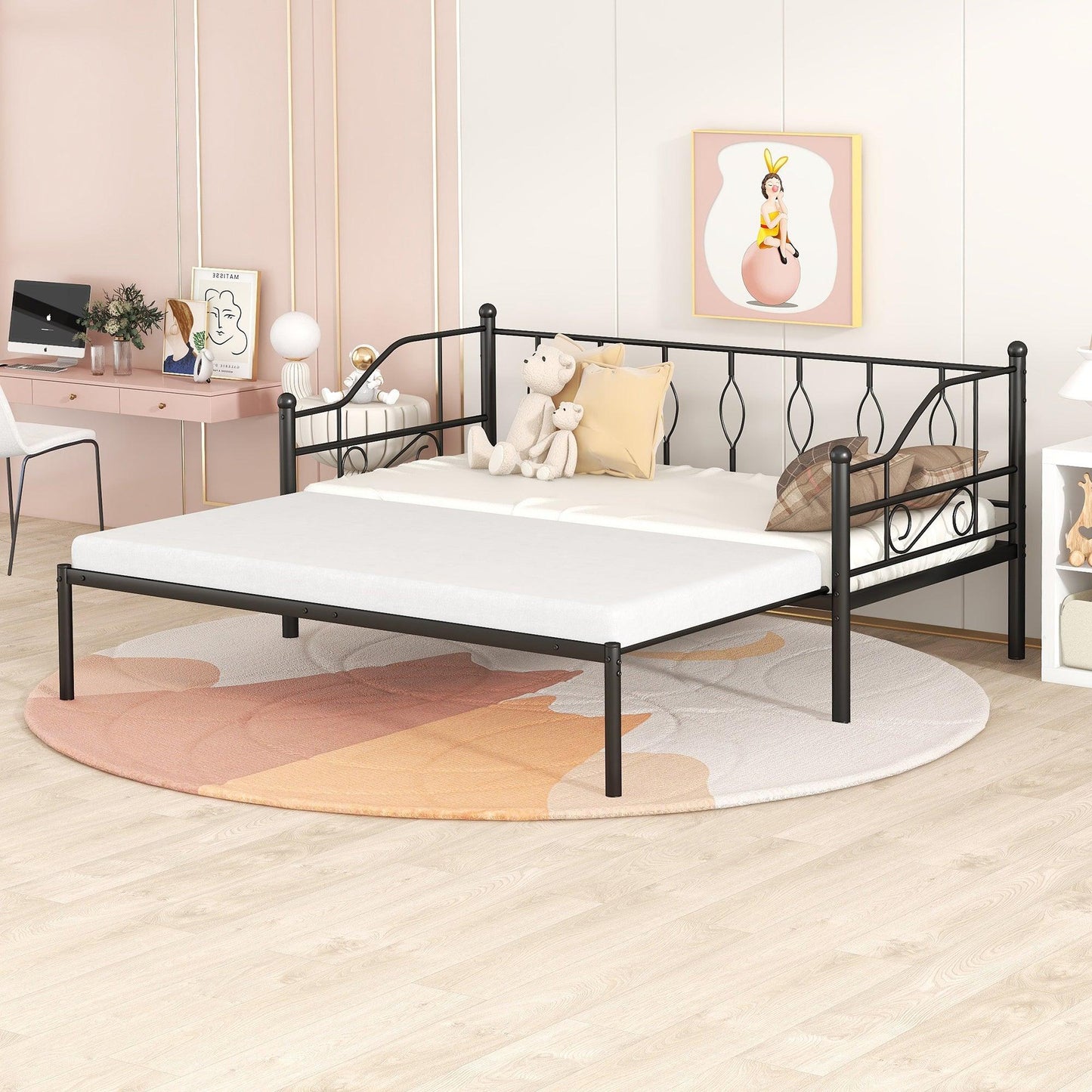 Twin Size Metal Daybed with Trundle Daybed with Slat Black - FurniFindUSA