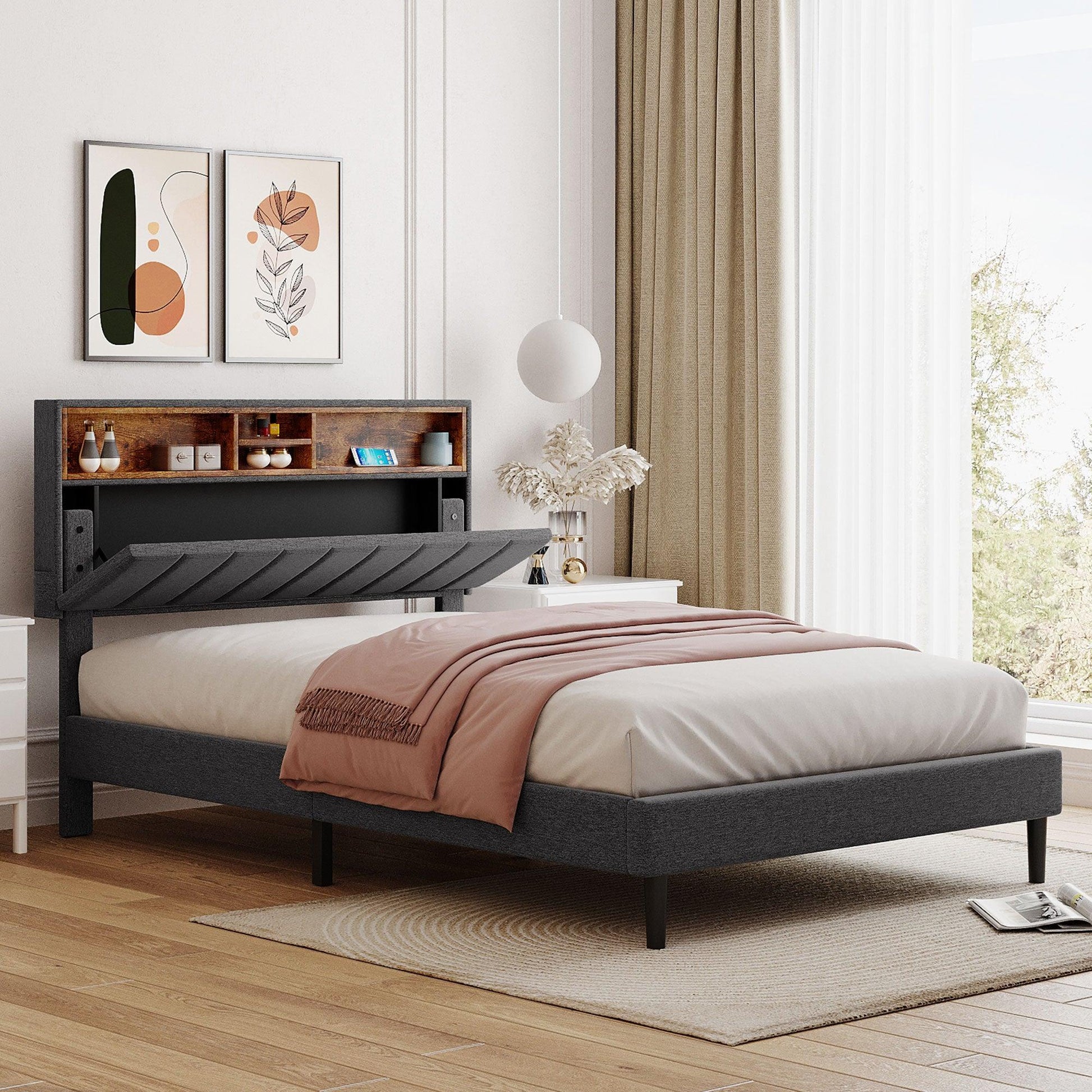 Full size Upholstered Platform Bed with Storage Headboard and USB Port Linen Fabric Upholstered Bed (Gray) - FurniFindUSA