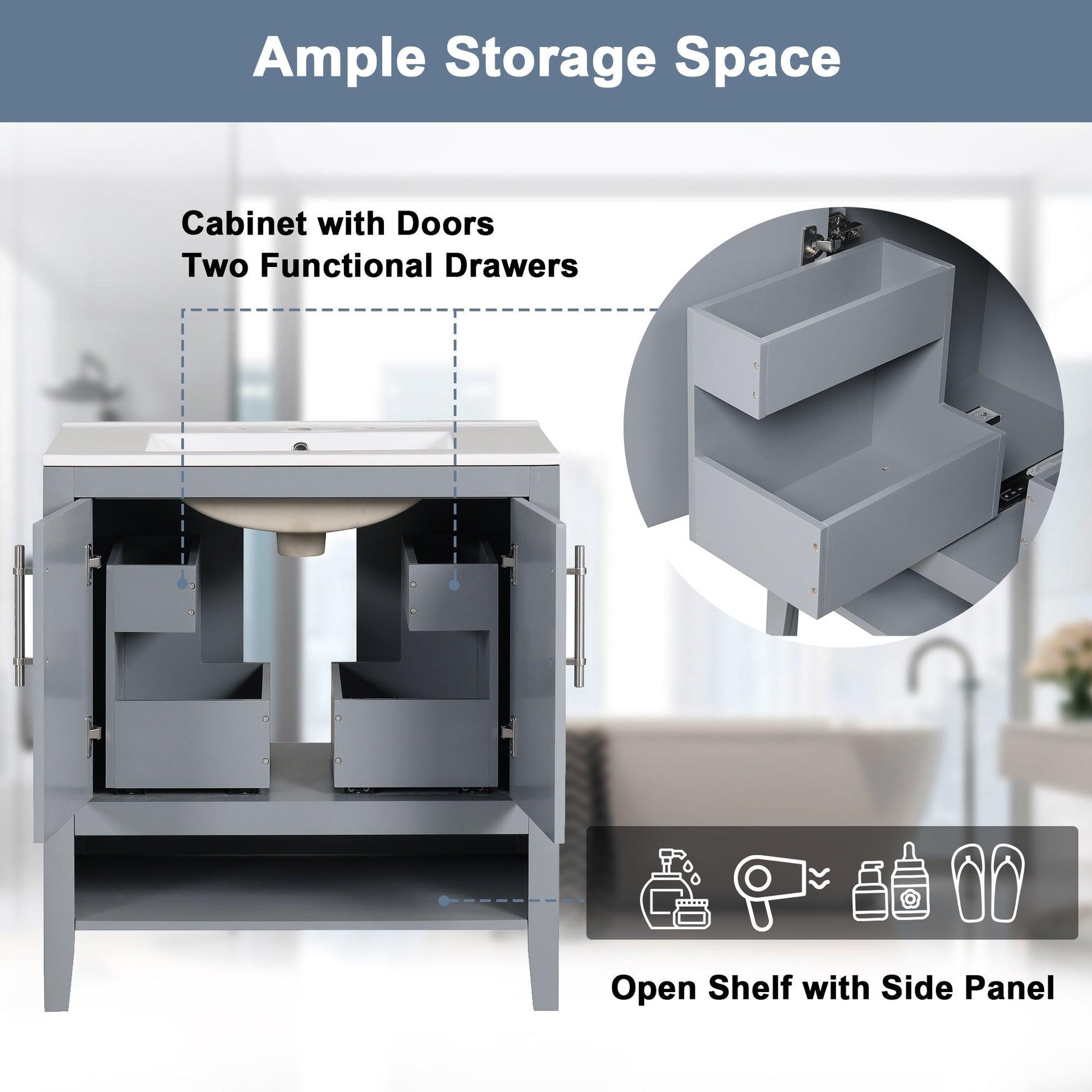 30" Bathroom Vanity with Sink, Multi-functional Bathroom Cabinet with Doors and Drawers, Solid Frame and MDF Board, Grey - FurniFindUSA