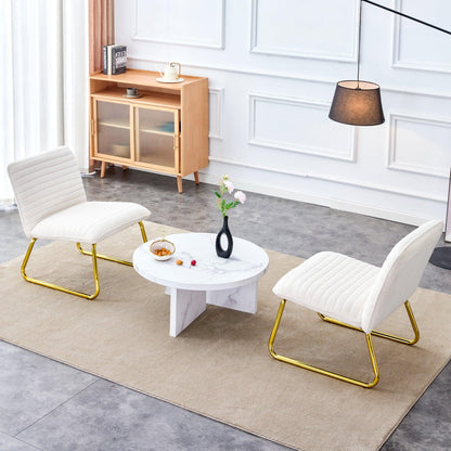 One White minimalist armless sofa chair with plush cushion and backrest paired with golden metal legs - FurniFindUSA