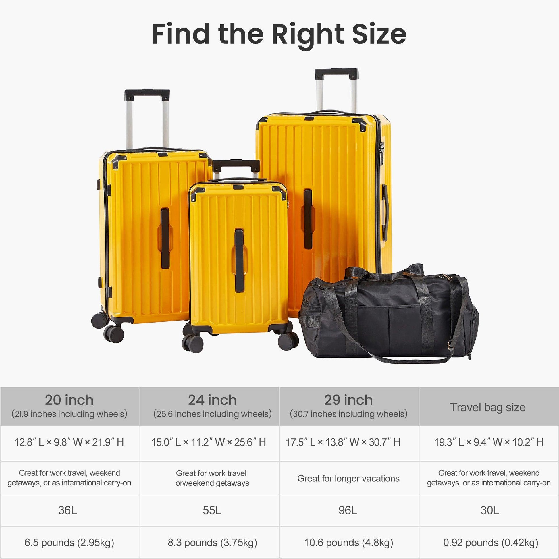 Luggage Set 4 pcs (20"/24"/29"/Travel Bag), PC+ABS Durable Lightweight Luggage with Collapsible Cup Holder TSA Lock, Yellow - FurniFindUSA