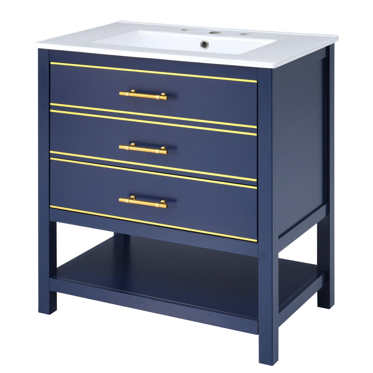 [Viedo]Modern 30inch Navy Blue/White Bathroom Vanity Cabinet Combo with Open Storge, Two Drawers - FurniFindUSA