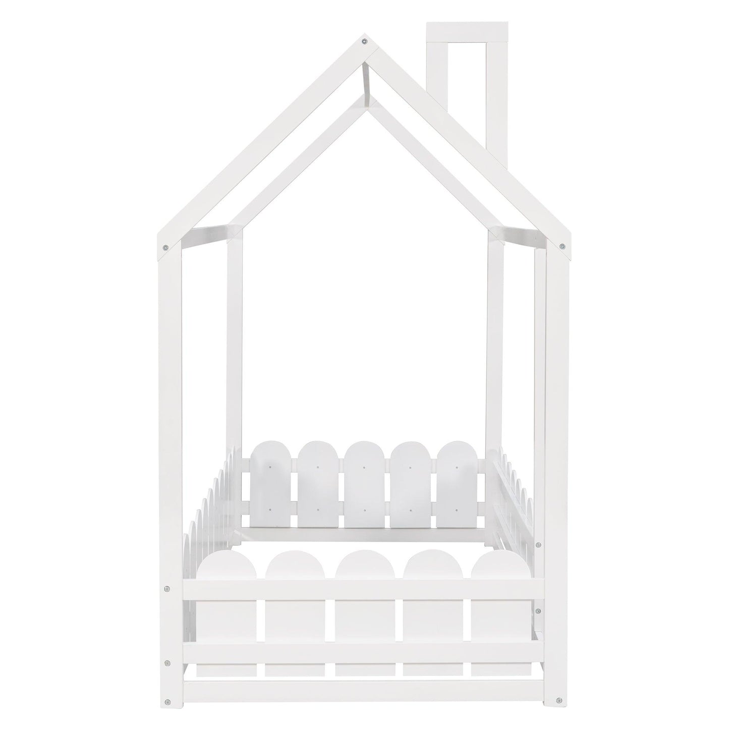 {Slats are not included}Twin Size Wood Bed House Bed Frame with Fence for KidsTeens Girls Boys {White} - FurniFindUSA