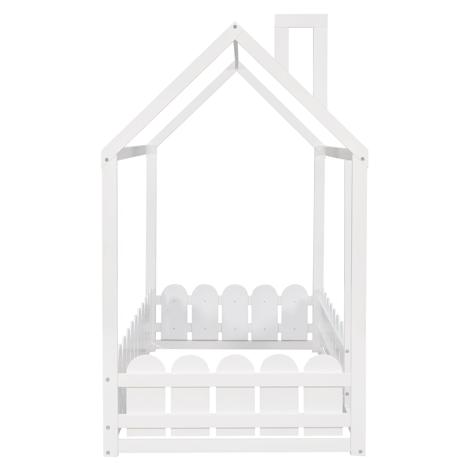 {Slats are not included}Twin Size Wood Bed House Bed Frame with Fence for KidsTeens Girls Boys {White} - FurniFindUSA