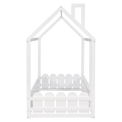 {Slats are not included}Twin Size Wood Bed House Bed Frame with Fence for KidsTeens Girls Boys {White} - FurniFindUSA