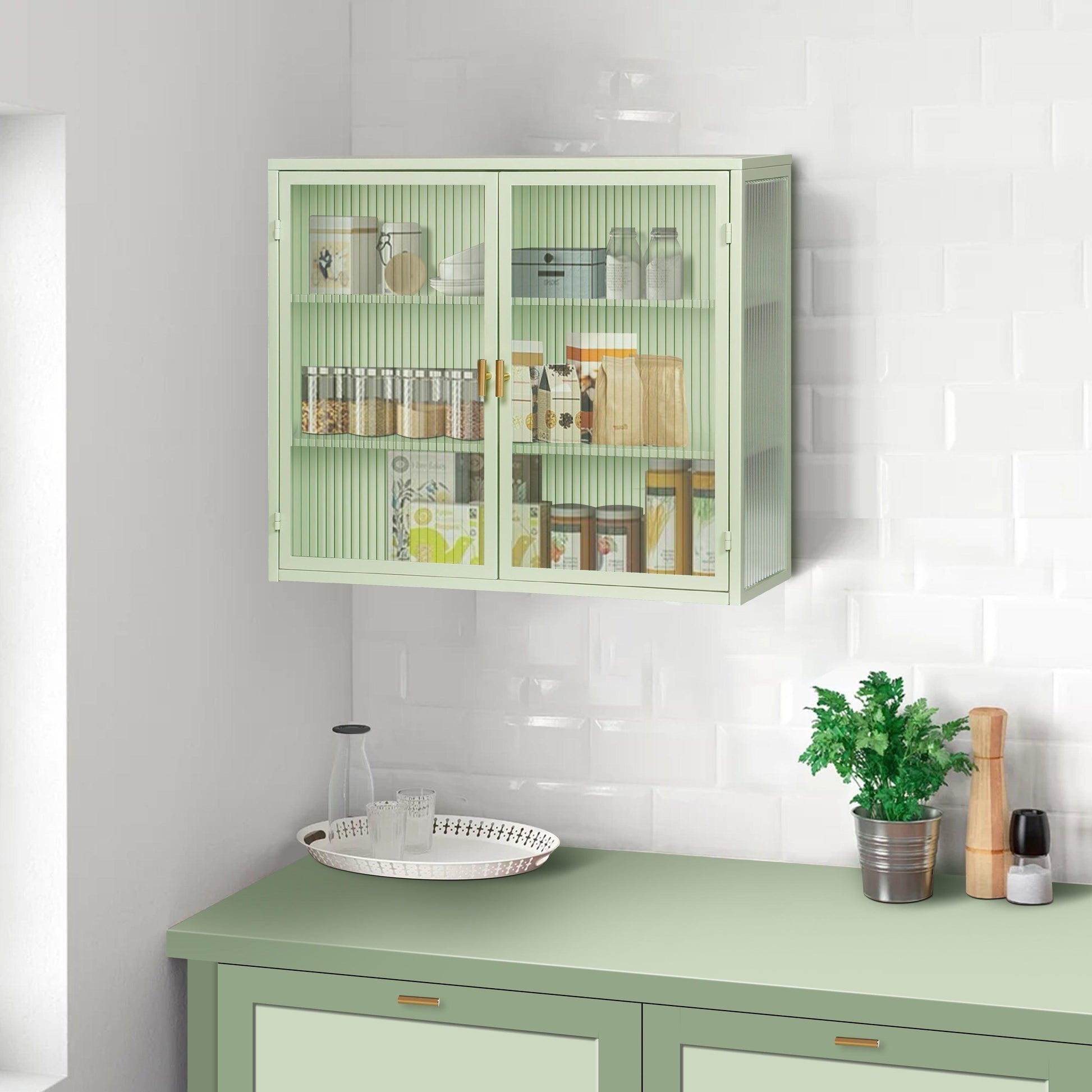 27.56"Glass Doors Modern Two-door Wall Cabinet with Featuring Three-tier Storage Mint Green - FurniFindUSA