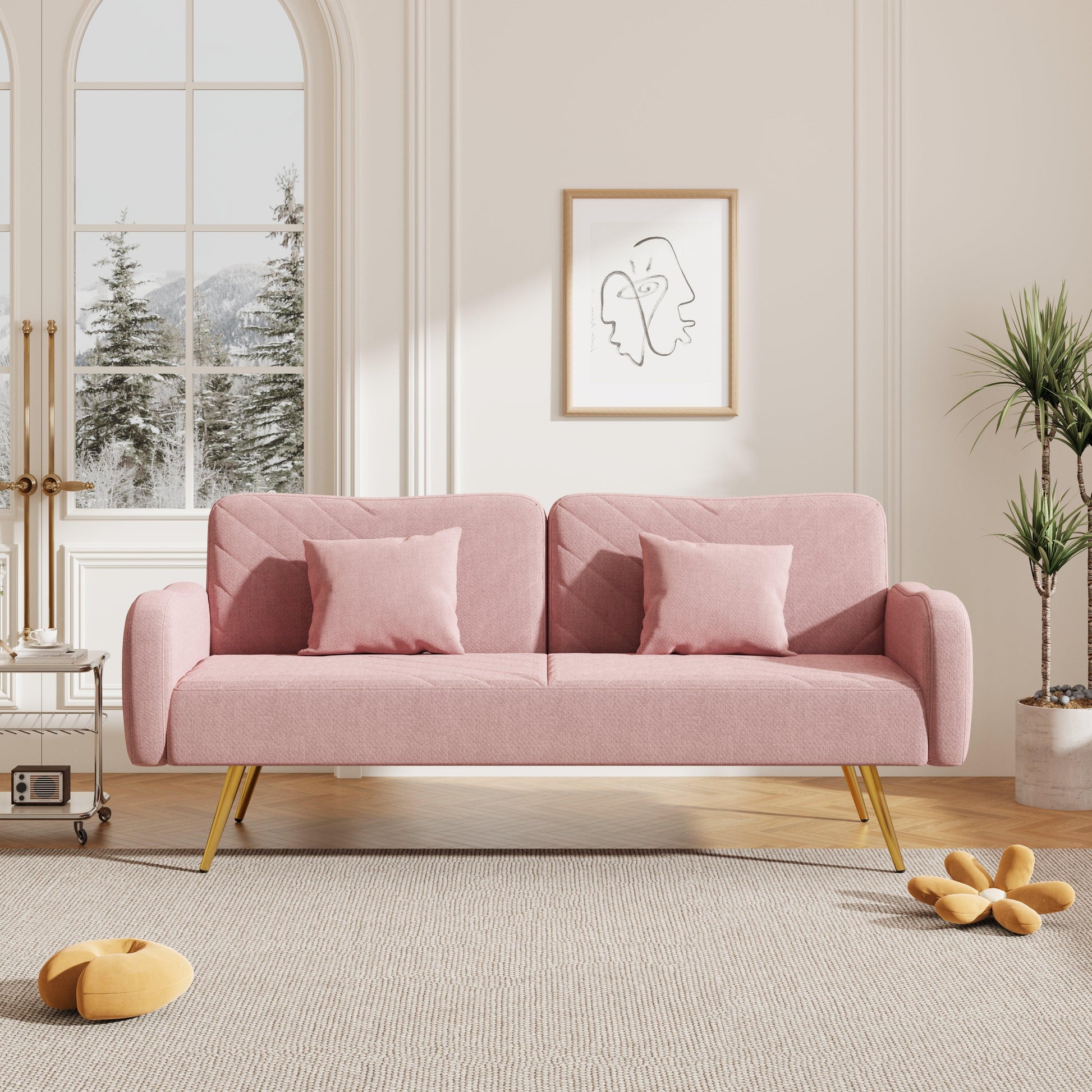 70.47" Pink Fabric Double Sofa with Split Backrest and Two Throw Pillows - FurniFindUSA