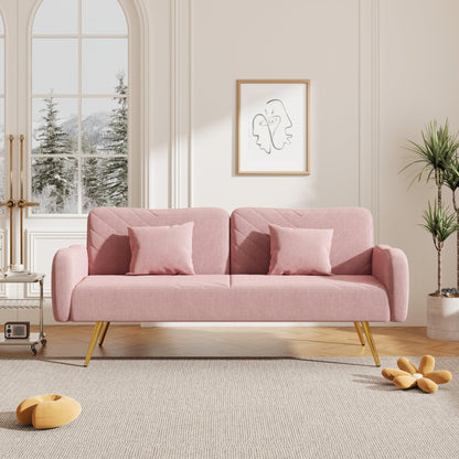 70.47" Pink Fabric Double Sofa with Split Backrest and Two Throw Pillows - FurniFindUSA