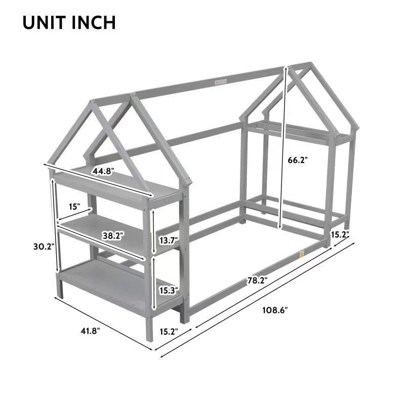 Twin House-Shaped Floor Bed with 2 Detachable Stands Grey - FurniFindUSA