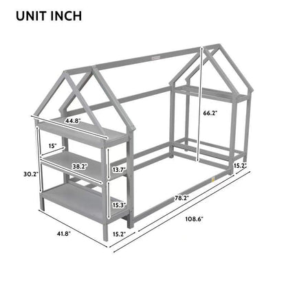 Twin House-Shaped Floor Bed with 2 Detachable Stands Grey - FurniFindUSA