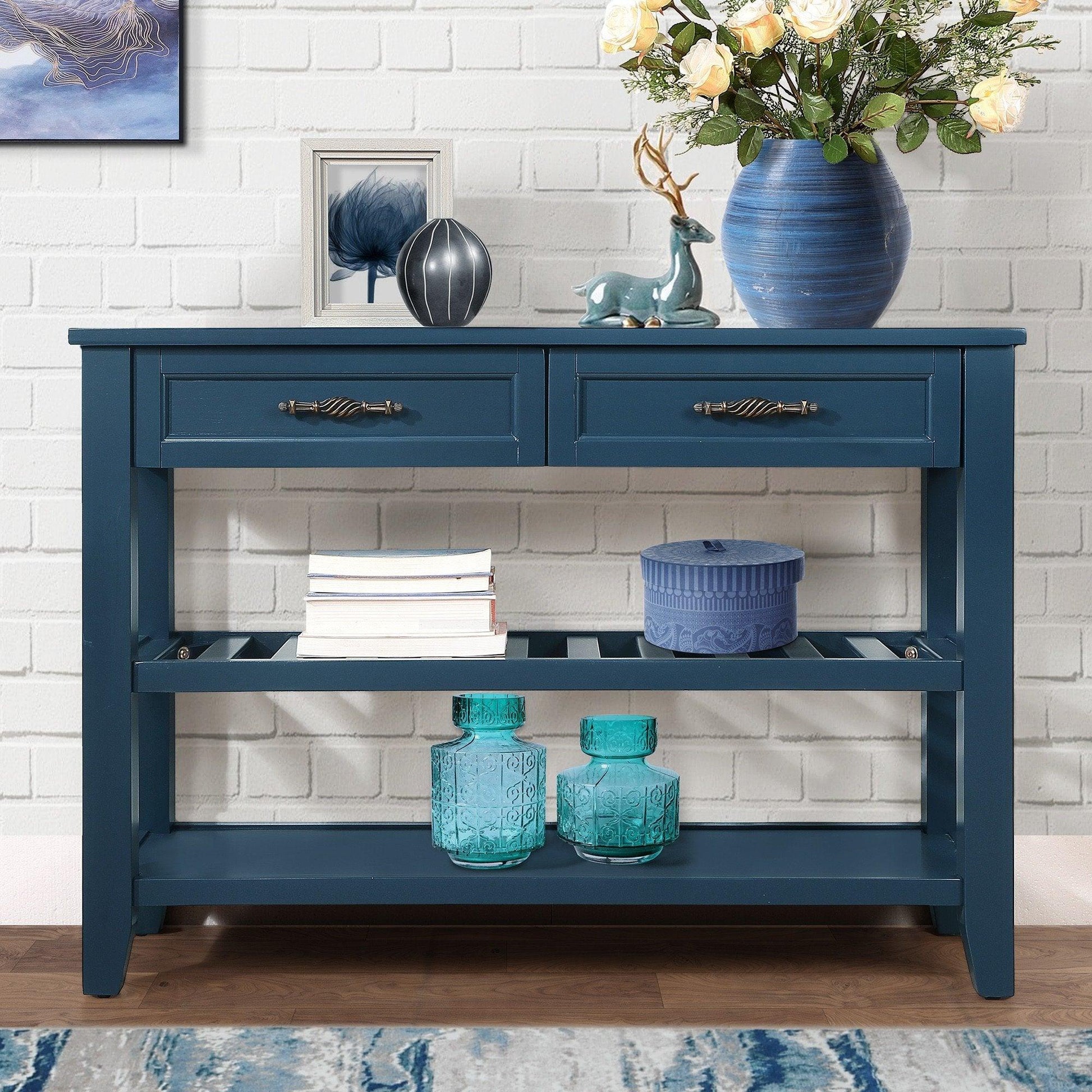 Console Sofa Table with 2 Storage Drawers and 2 Tiers Shelves Mid-Century Style 42'' Solid Wood Buffet Sideboard Navy Blue - FurniFindUSA