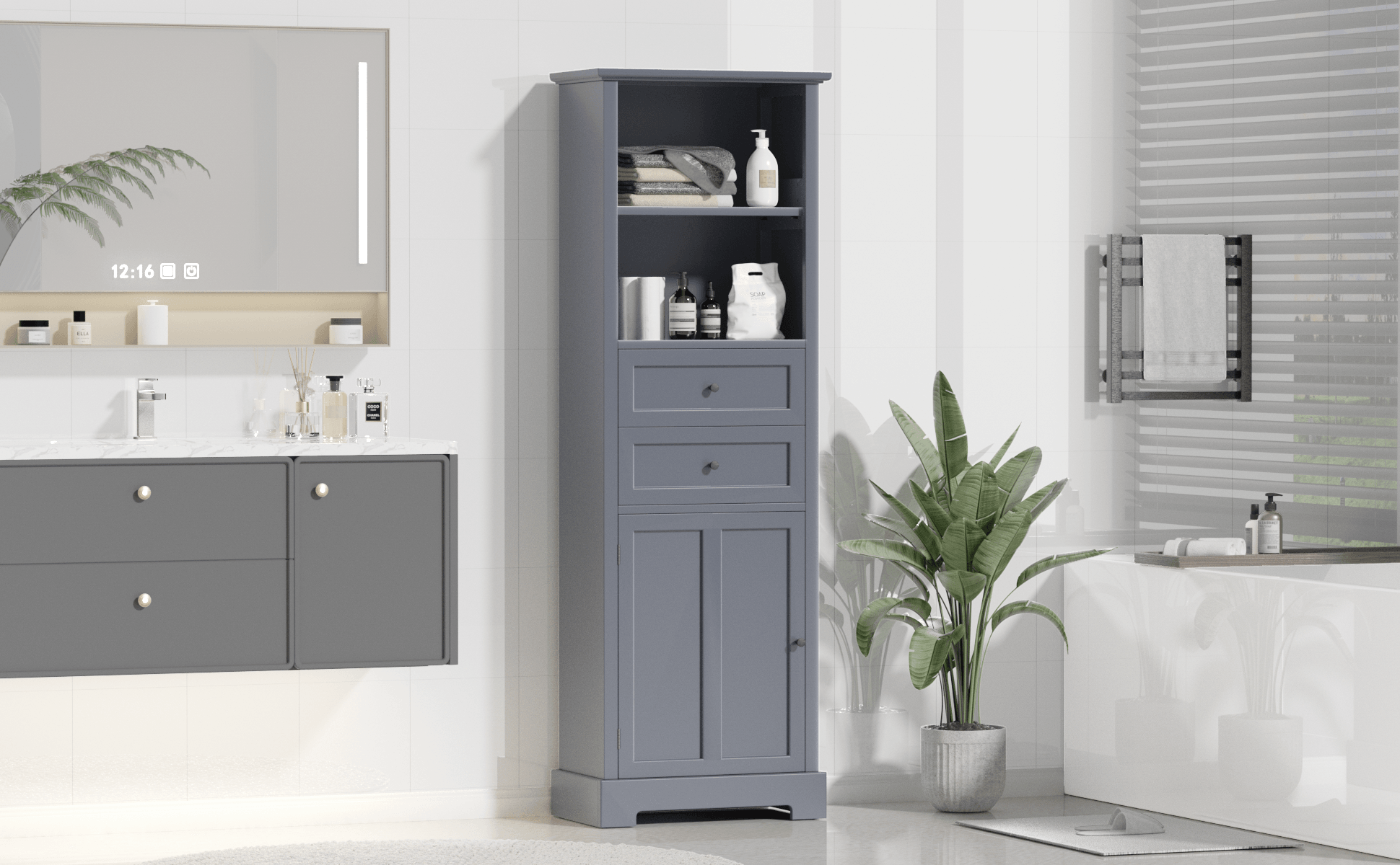 Bathroom Storage Cabinet, Tall Storage Cabinet with Two Drawers, Open Storage, Adjustable Shelf, Grey - FurniFindUSA