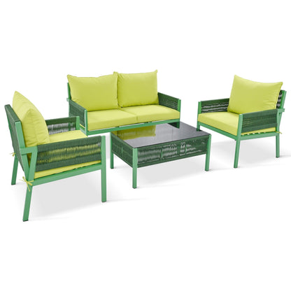 Outdoor Furniture with Tempered Glass Table, Set Deep Seating with Thick Cushion (Fluorescent Yellow & Green) - FurniFindUSA