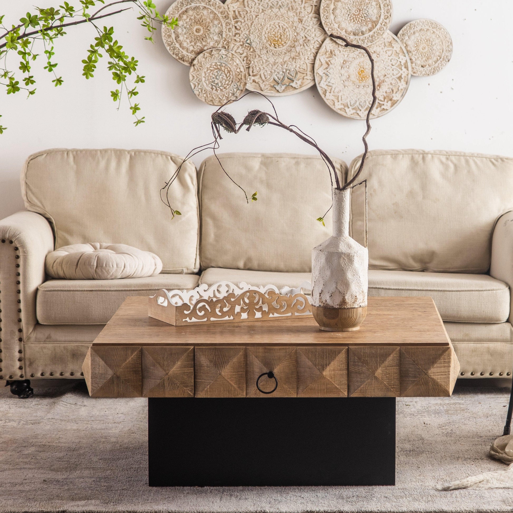 41.73"Three-dimensional Embossed Pattern Square Retro Coffee Table with 2 Drawers and MDF Base - FurniFindUSA