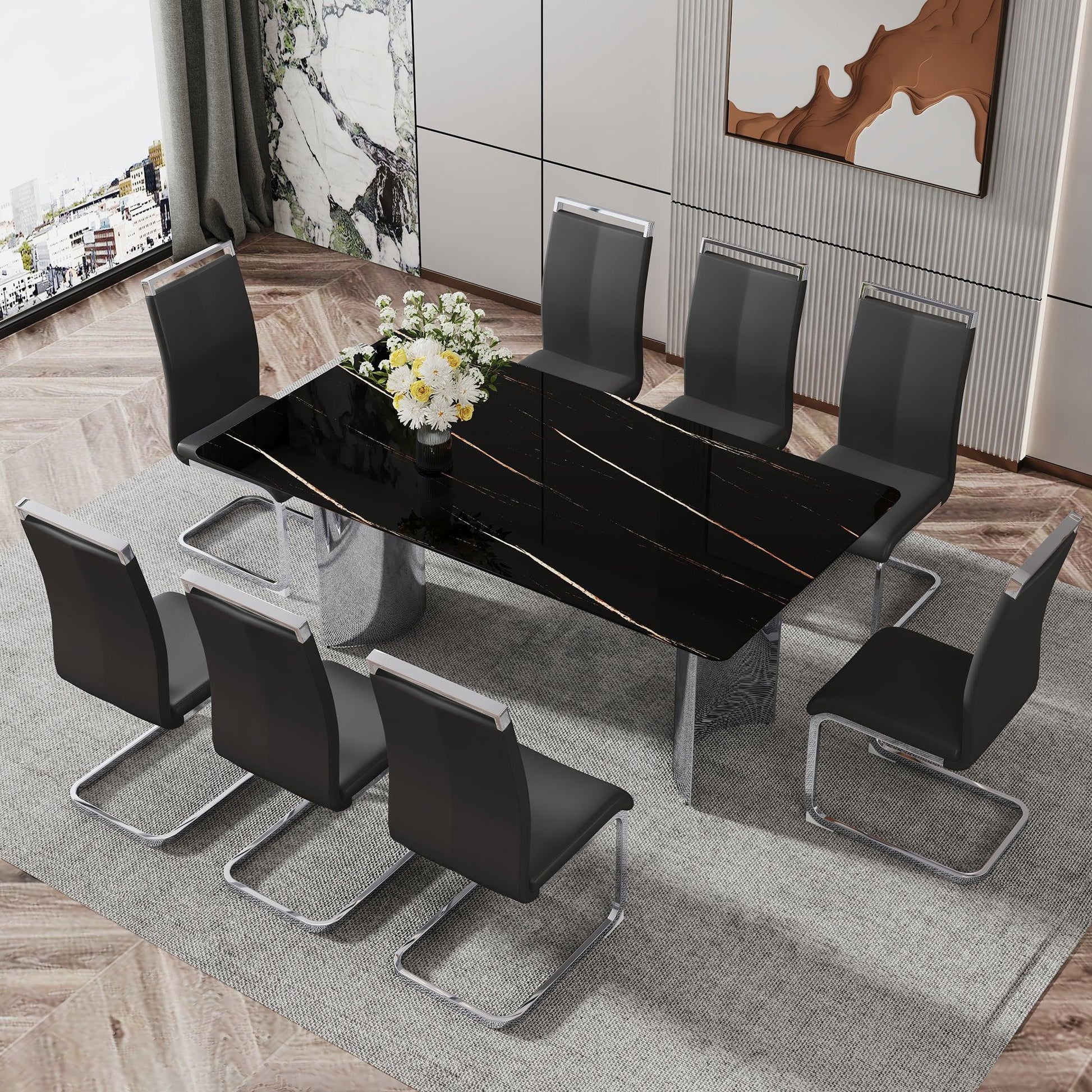 Modern minimalist dining table The black imitation marble glass desktop is equipped with silver metal legs - FurniFindUSA