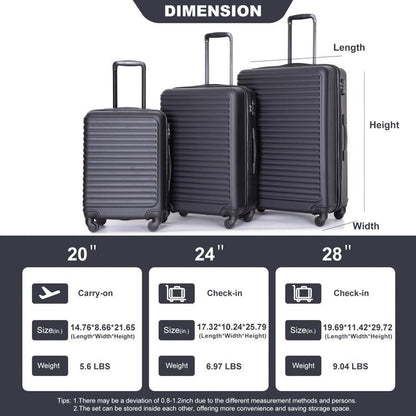 3 Piece Luggage Sets ABS Lightweight Suitcase with Two Hooks, Spinner Wheels, TSA Lock, (20/24/28) Black - FurniFindUSA