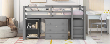 Low Study Full Loft Bed with Cabinet Shelves and Rolling Portable Desk Multiple Functions Bed- Gray - FurniFindUSA