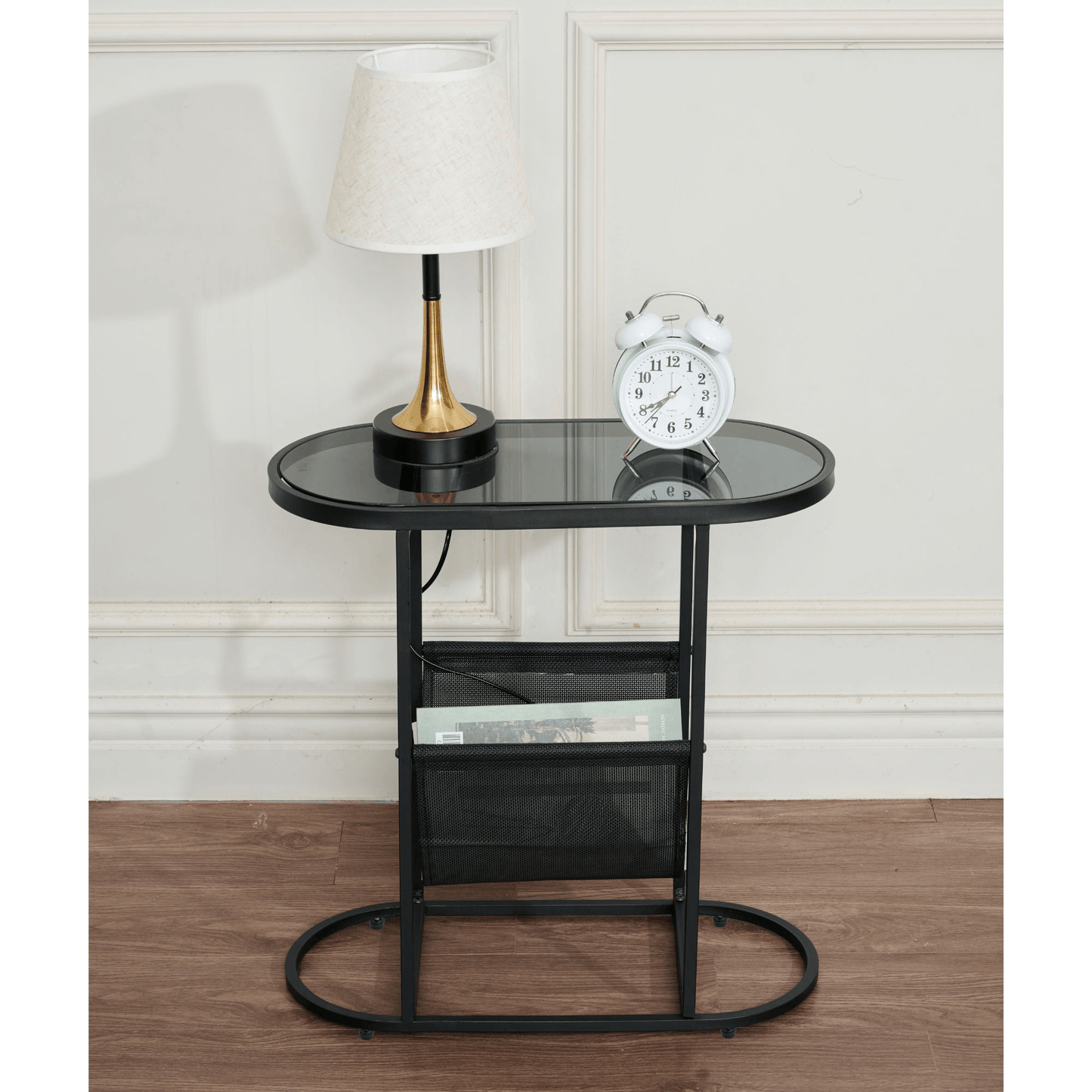 Glass Oval Small Side Tables Living Room Small Space With Magazines Organizer Storage Space - FurniFindUSA