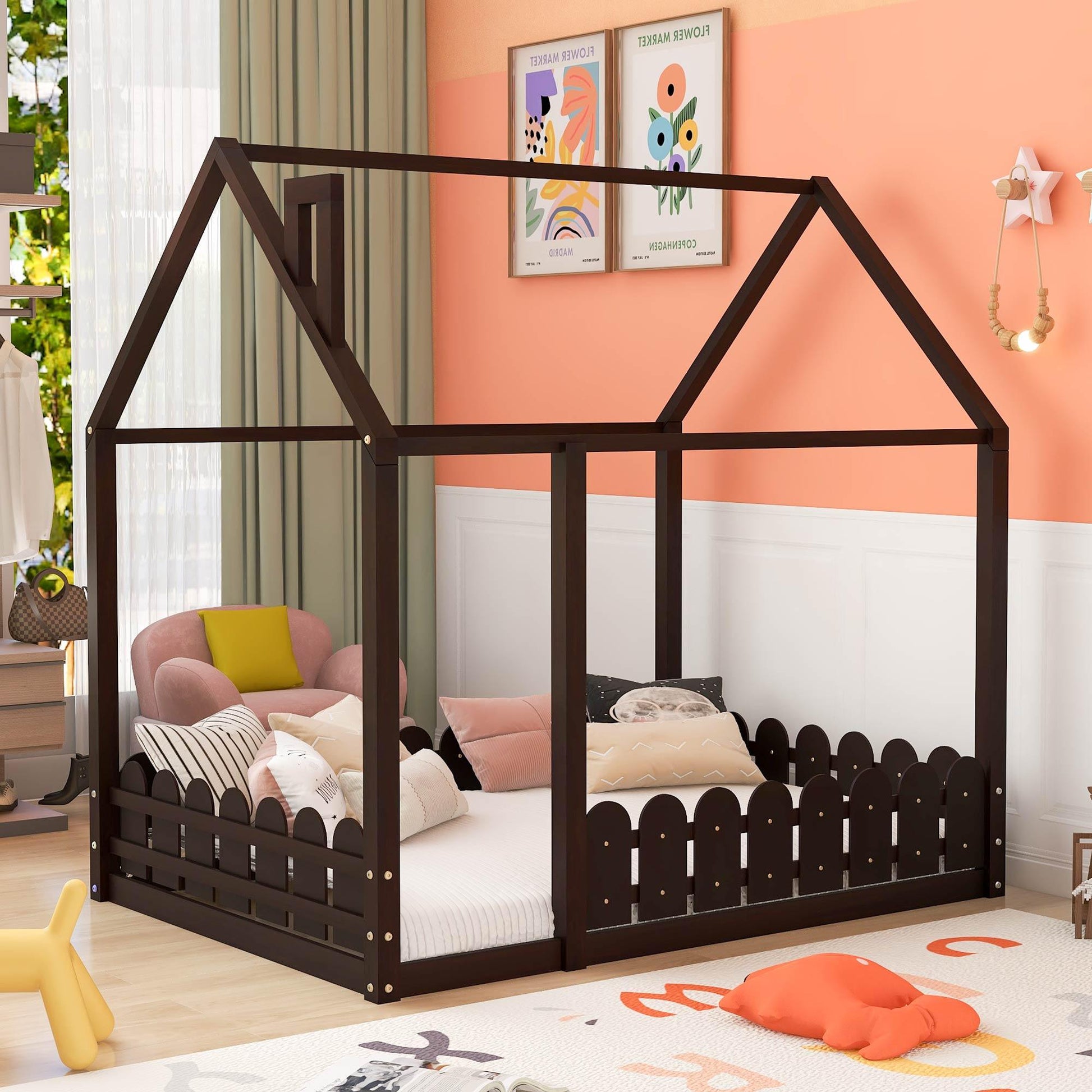 (Slats are not included)Full Size Wood Bed House Bed Frame with Fence for Kids Teens Girls Boys (Espresso ) - FurniFindUSA