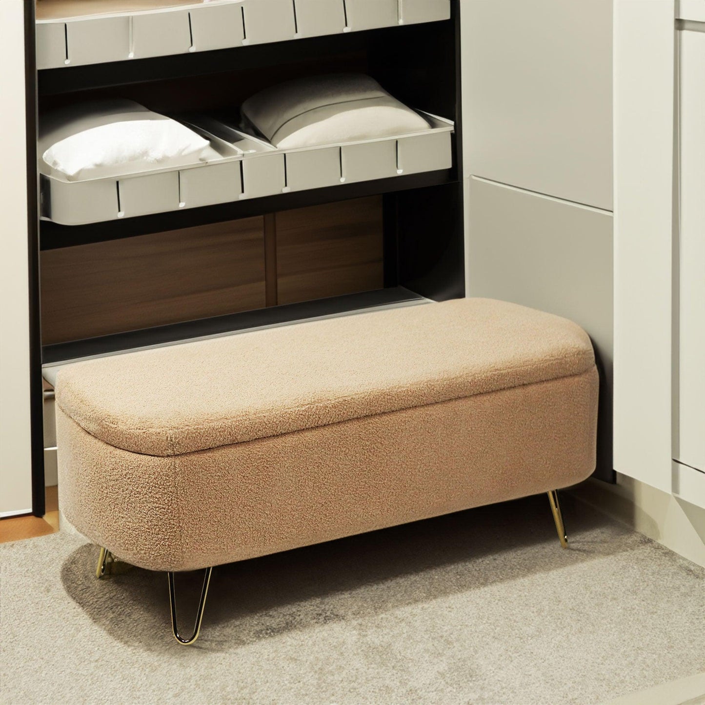 Camel Storage Ottoman Bench for End of Bed Gold Legs - FurniFindUSA