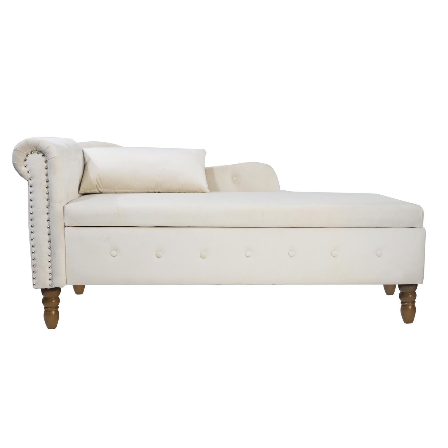 Velvet indoor chaise lounge with nailhead trim, storage and pillows, can be used in living room, bedroom, den - FurniFindUSA