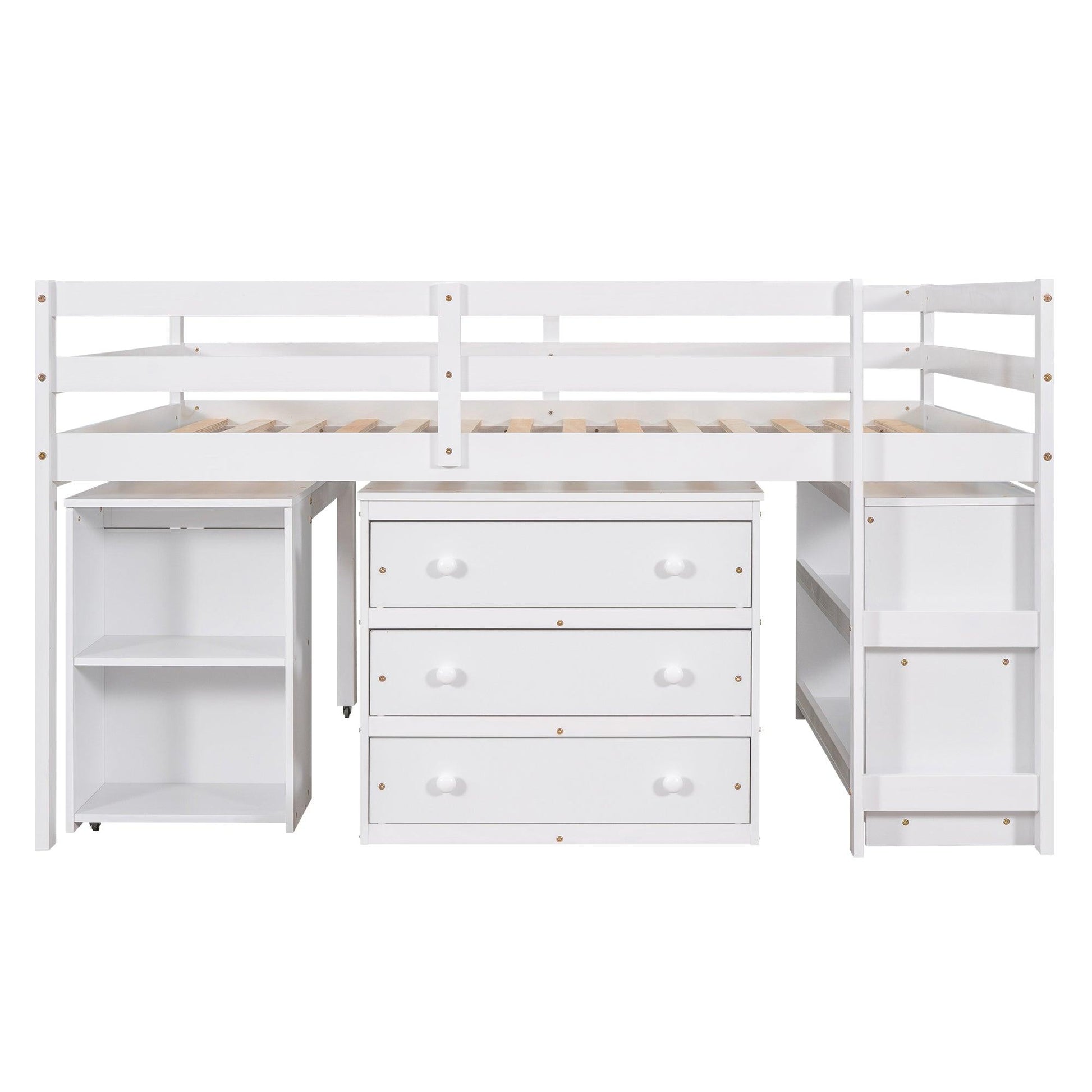 Low Study Full Loft Bed with Cabinet Shelves and Rolling Portable Desk Multiple Functions Bed- White - FurniFindUSA