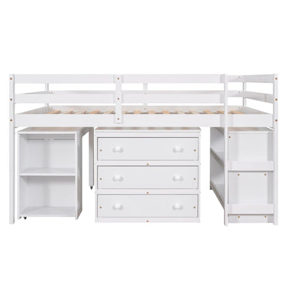 Low Study Full Loft Bed with Cabinet Shelves and Rolling Portable Desk Multiple Functions Bed- White - FurniFindUSA