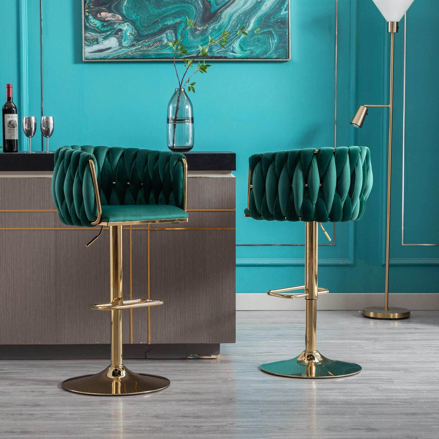 Set of 2 Bar Stools with Chrome Footrest and Base Swivel Height Velvet + Golden Leg Simple Bar Stool-Green - FurniFindUSA