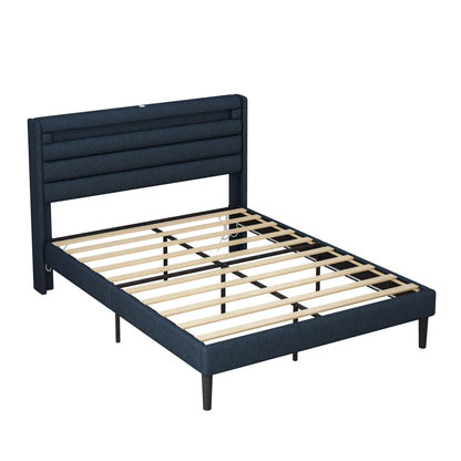 Queen Size Bedframe with LED Bedside Induction Light Wrapped in Linen Bedside Atmosphere Light Dark Blue - FurniFindUSA