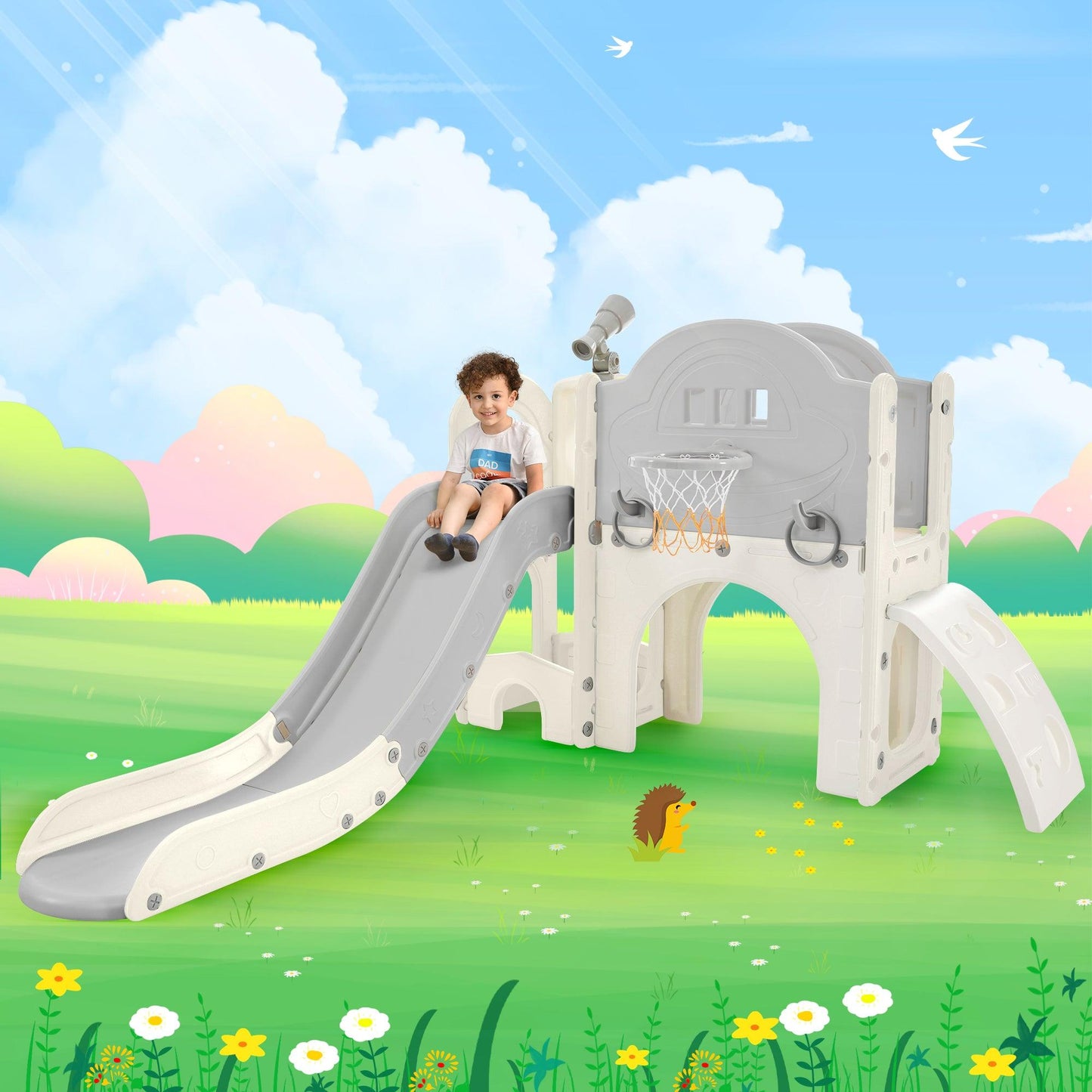 Kids Slide Playset Structure 7 in 1, Freestanding Spaceship Set with Slide, Arch Tunnel Grey+White + HDPE - FurniFindUSA