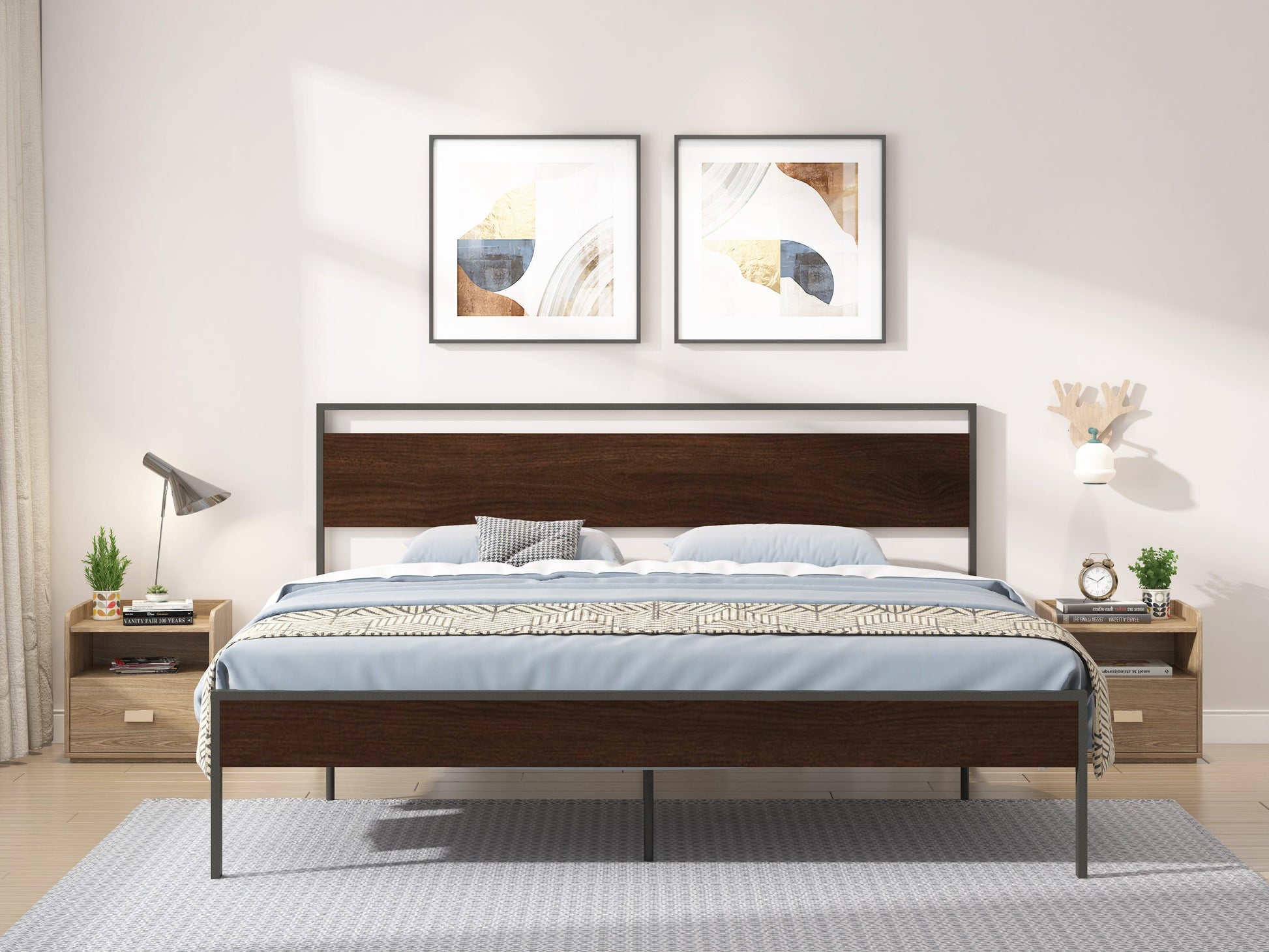 Ceres Metal Bed Black with Walnut wood Headboard&Footboard King - FurniFindUSA