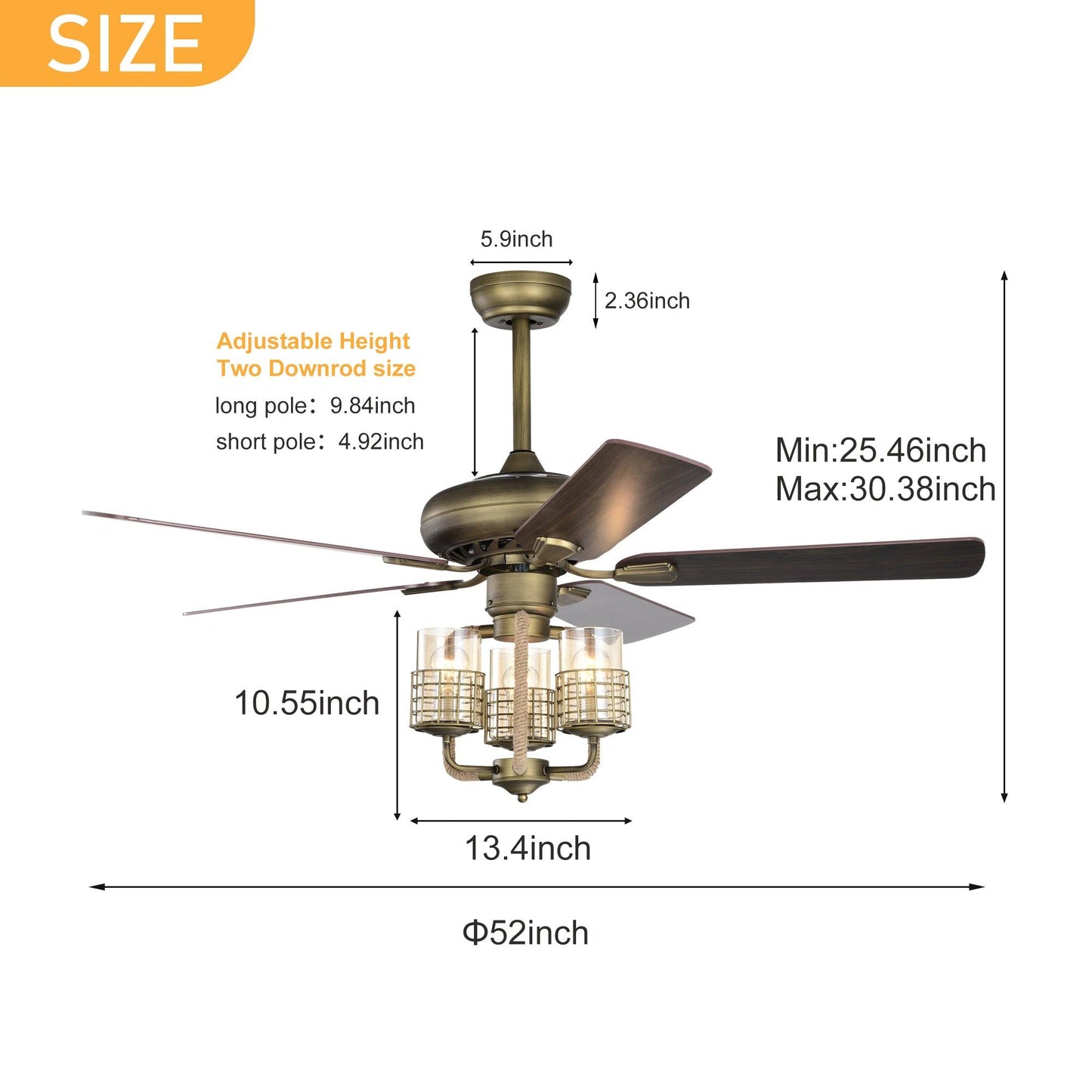 52inch Bronze Metal 3 Lights Ceiling Fan with 5 Wood Blades, Two-color fan blade, AC Motor, Remote Control, Reversible Airflow - FurniFindUSA