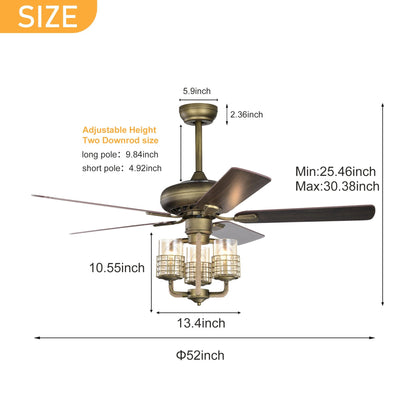 52inch Bronze Metal 3 Lights Ceiling Fan with 5 Wood Blades, Two-color fan blade, AC Motor, Remote Control, Reversible Airflow - FurniFindUSA