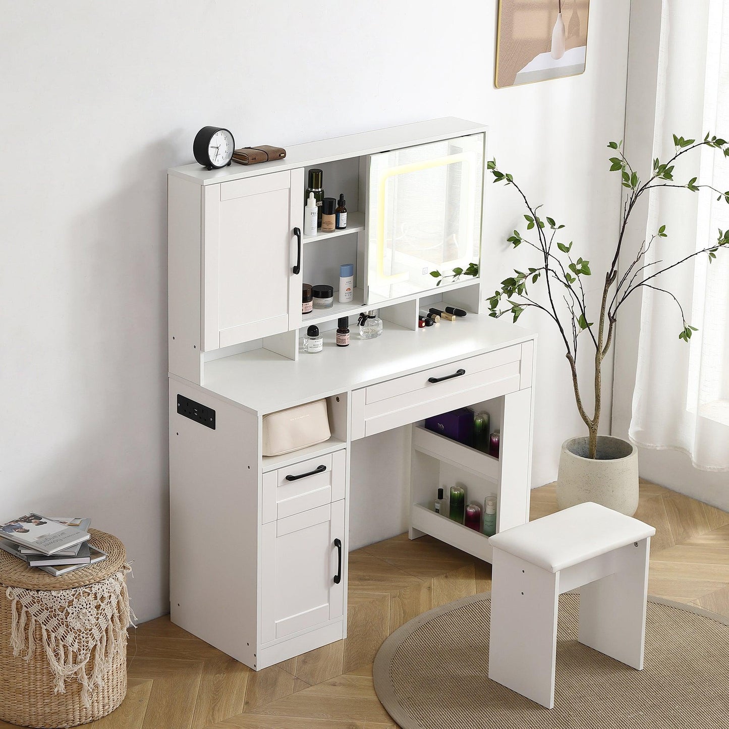 Vanity table with large sliding lighted mirror dressing table with 2 drawers storage shelves and upholstered stool white color - FurniFindUSA