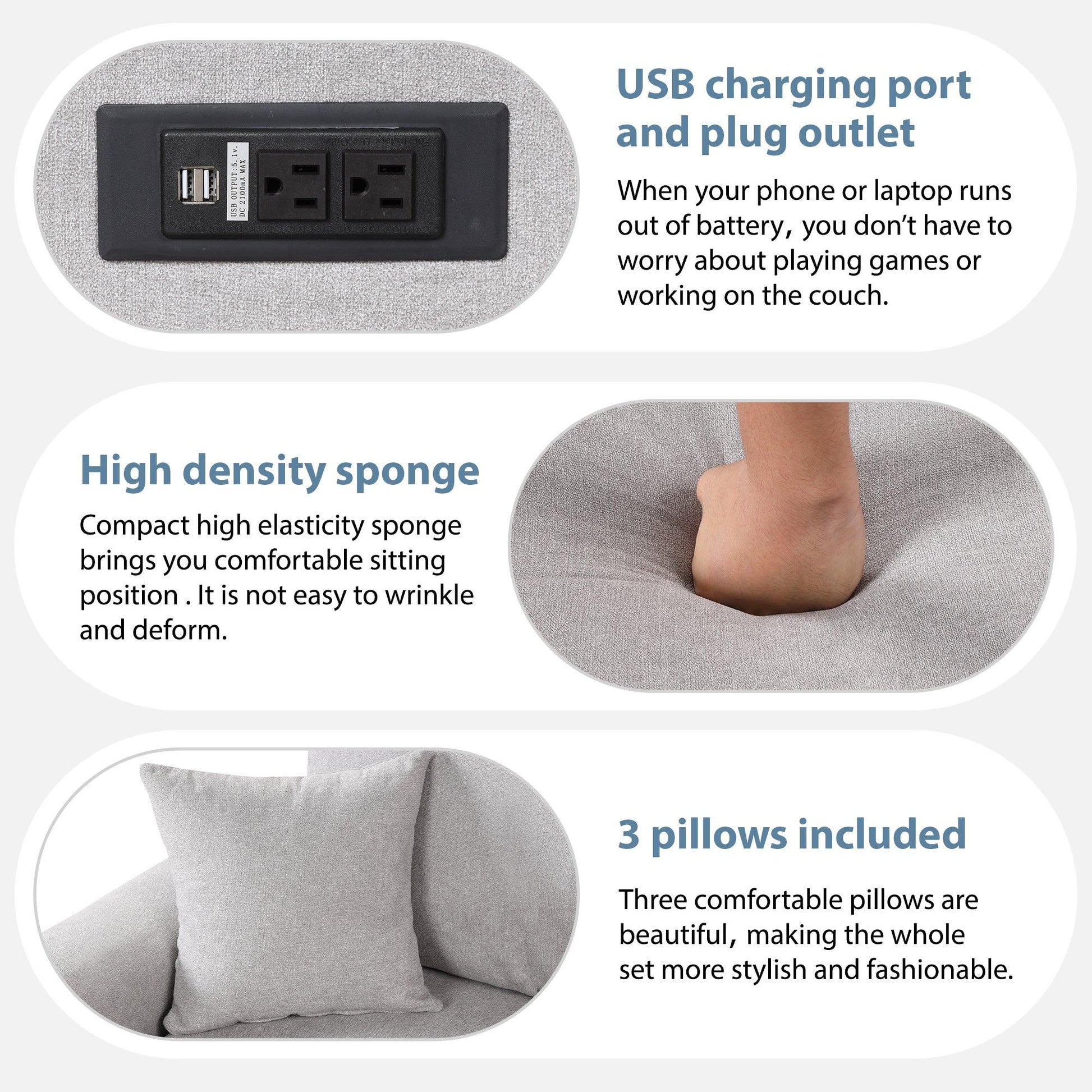 87.4"Sectional Sleeper Sofa with USB Charging Port and Plug Outlet Pull-Out Sofa Bed with 3 Pillows Grey - FurniFindUSA