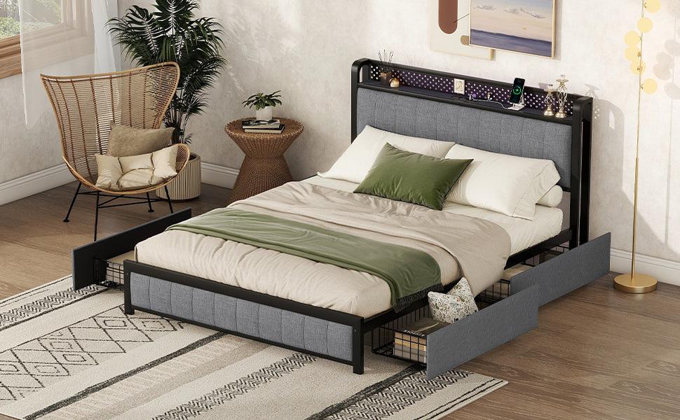 Queen Bed Frame with LED Headboard Upholstered Bed with 4 Storage Drawers and USB Ports Light Grey - FurniFindUSA