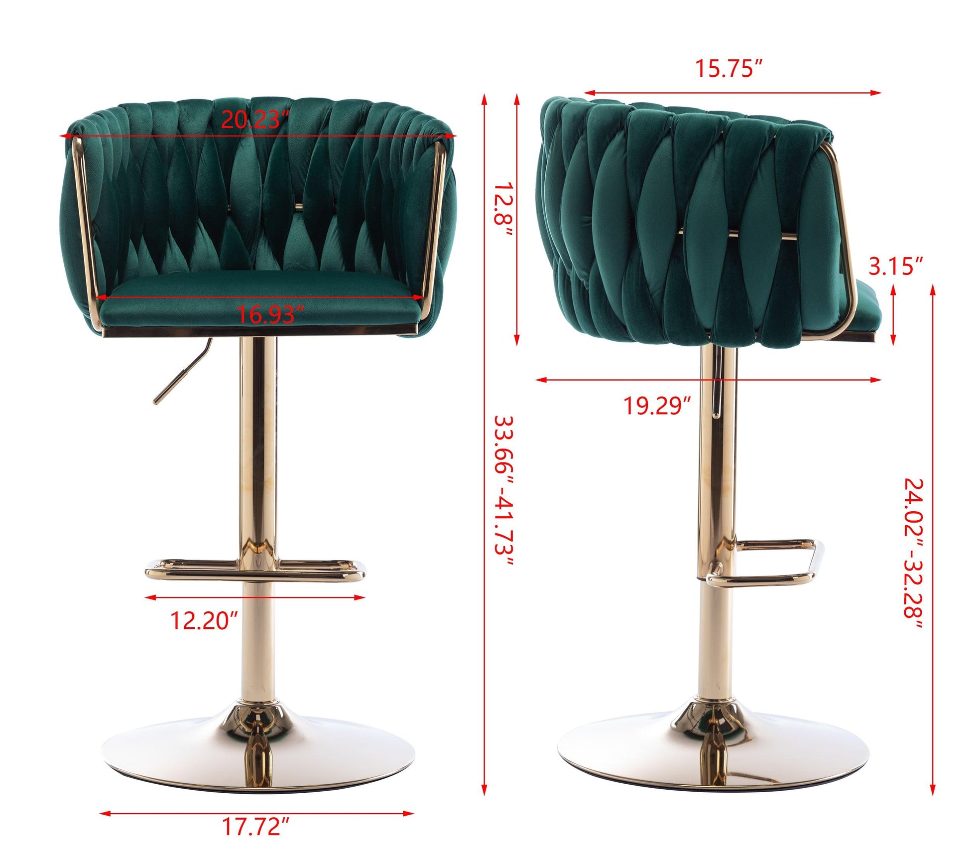 Set of 2 Bar Stools with Chrome Footrest and Base Swivel Height Velvet + Golden Leg Simple Bar Stool-Green - FurniFindUSA