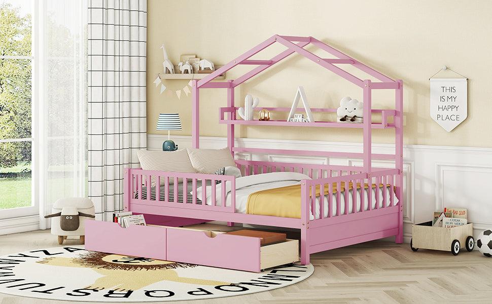 Wooden Full Size House Bed with 2 Drawers Kids Bed with Storage Shelf Pink - FurniFindUSA