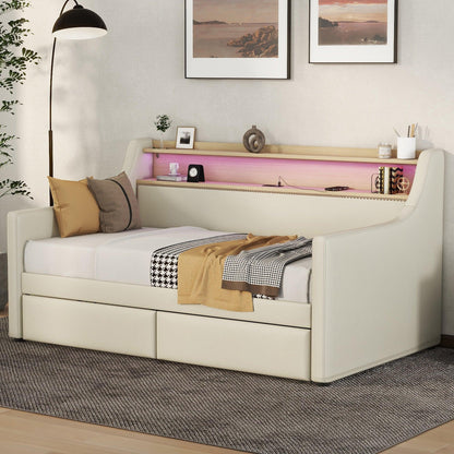 Twin Size Daybed with Storage Drawers Upholstered Daybed with Charging Station and LED Lights Beige - FurniFindUSA