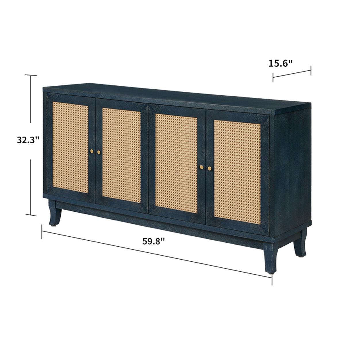 Handcrafted Premium Grain Panels Rattan Sideboard Buffer Cabinet Accent Storage Cabinet With 4 Rattan Doors BLUE - FurniFindUSA