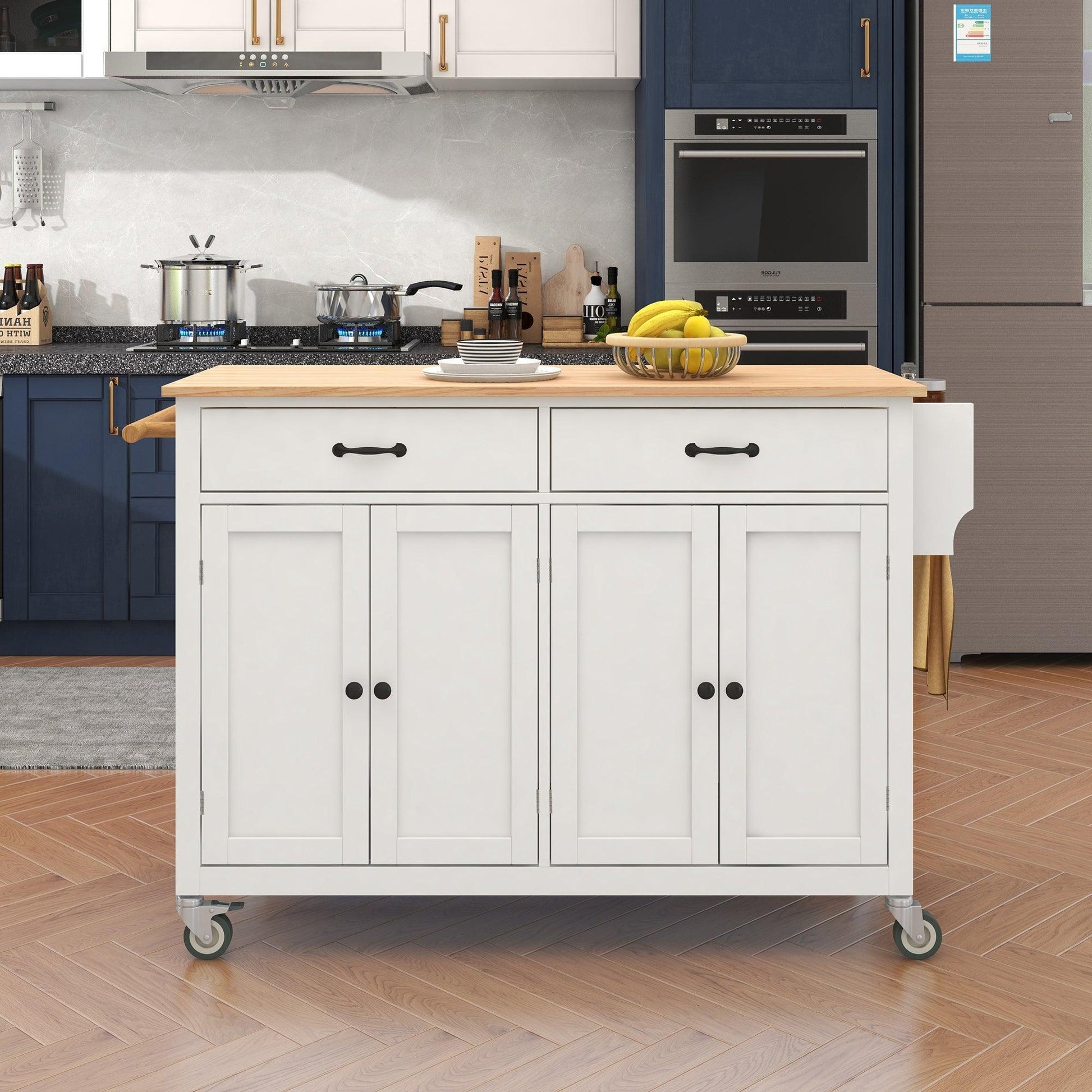 Kitchen Island Cart with Solid Wood Top and Locking Wheels 54.3 Inch Width (White) - FurniFindUSA