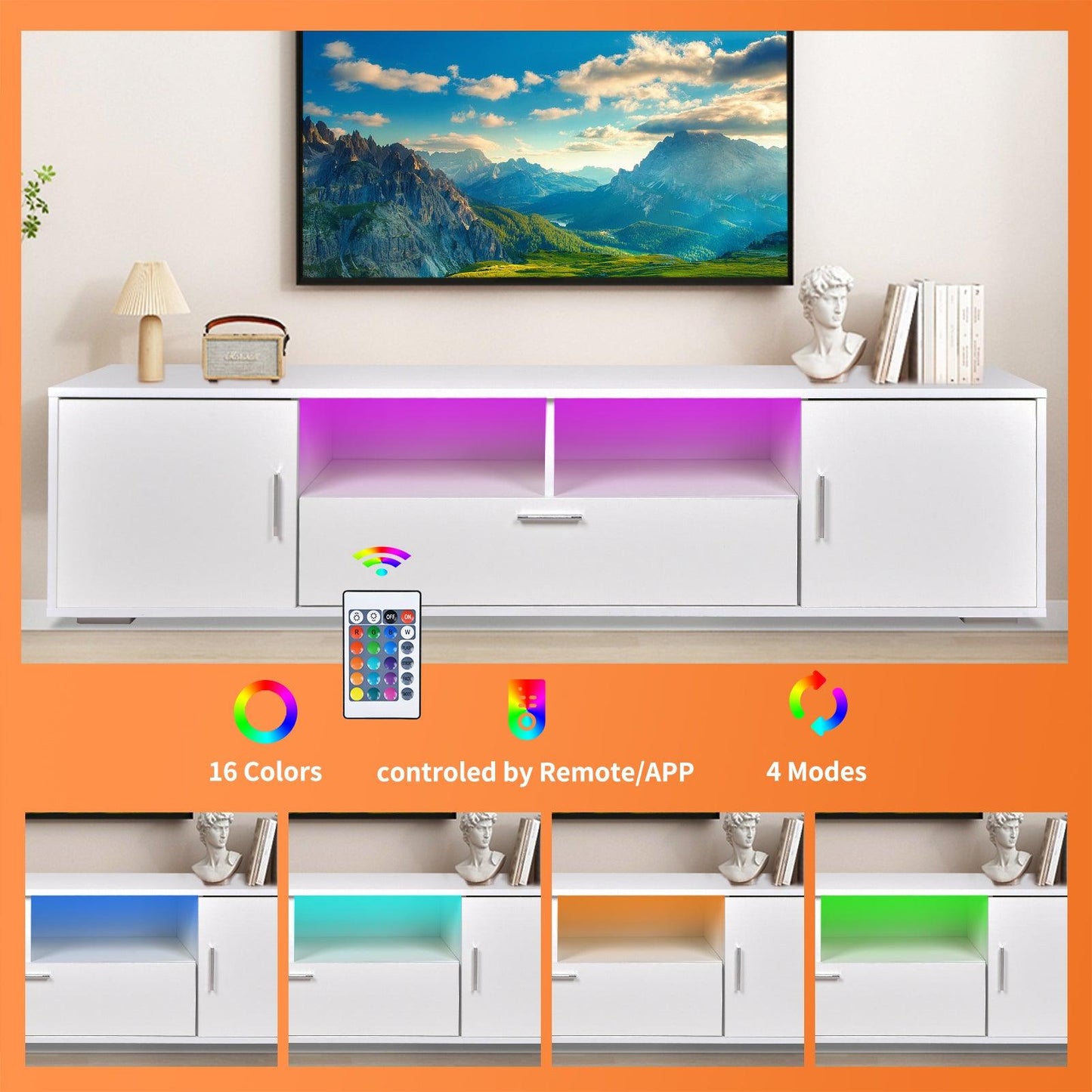 Modern TV stand with LED Lights Entertainment Center TV cabinet with Storage for Up to 75 inch - FurniFindUSA