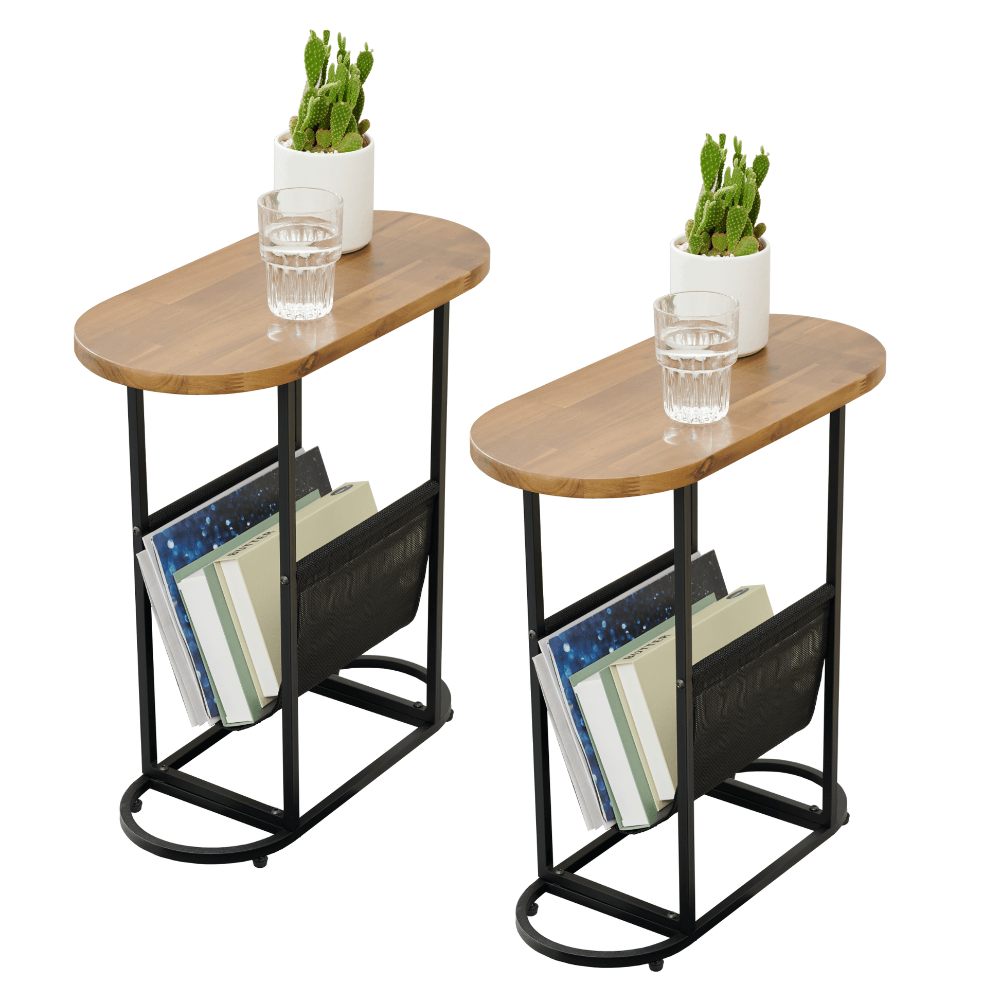 Acacia Oval Small Side Tables Living Room Small Space With Magazines Organizer Storage Space (Set of 2) - FurniFindUSA