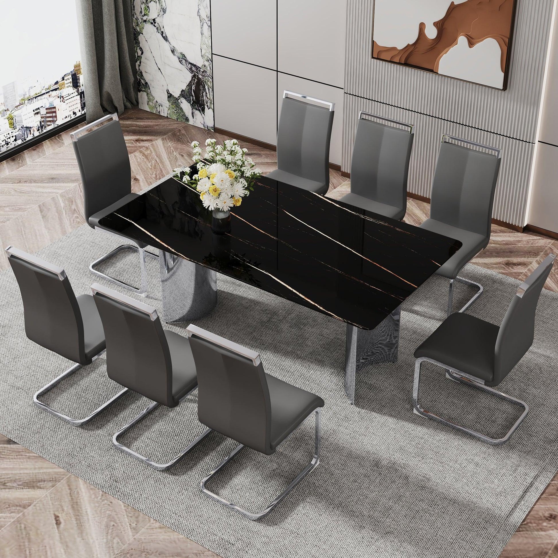 Modern minimalist dining table The black imitation marble glass desktop is equipped with silver metal legs - FurniFindUSA