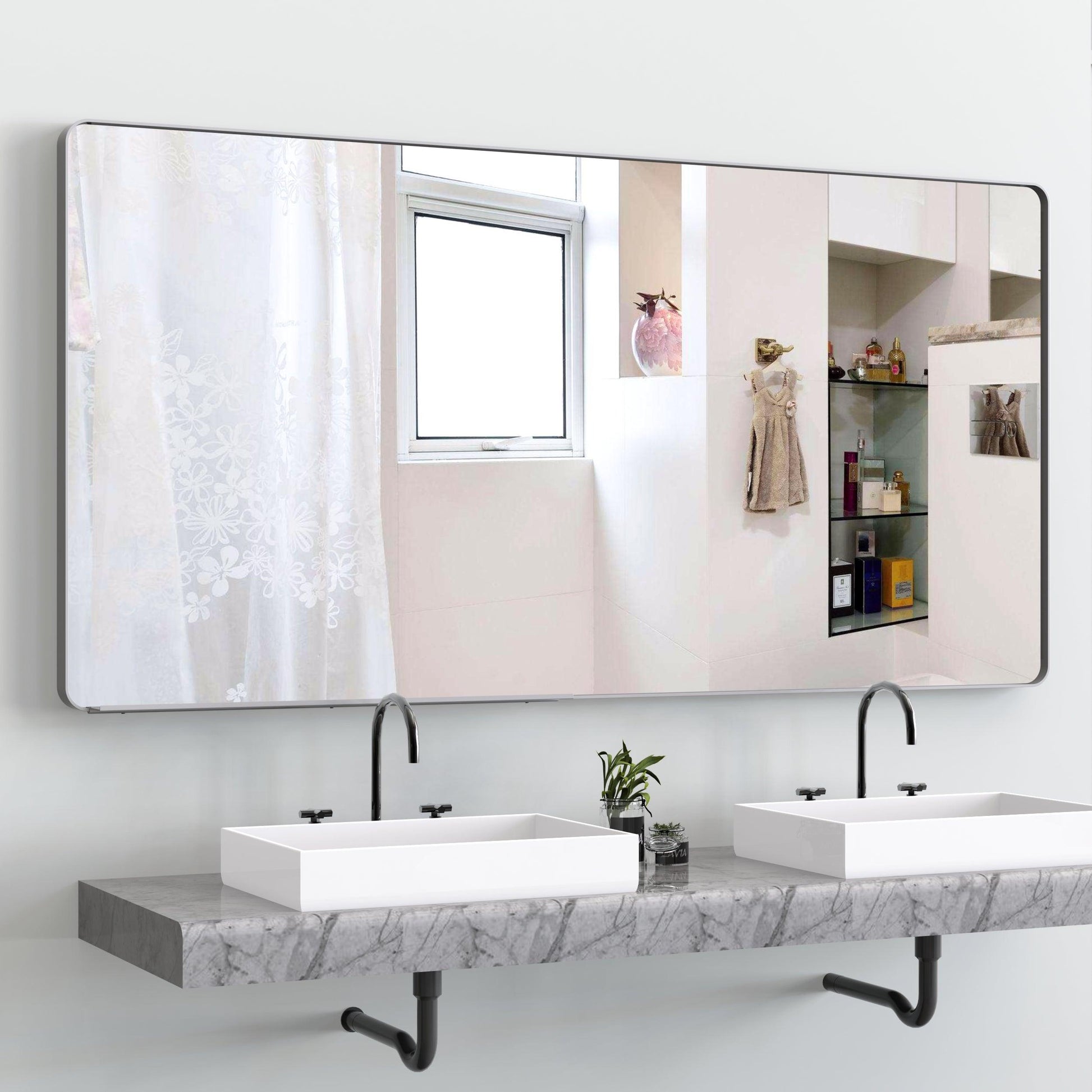 Large bathroom mirror with movable tray wall mounted mirror, vertically and horizontally suspended aluminum frame wall mounted m - FurniFindUSA