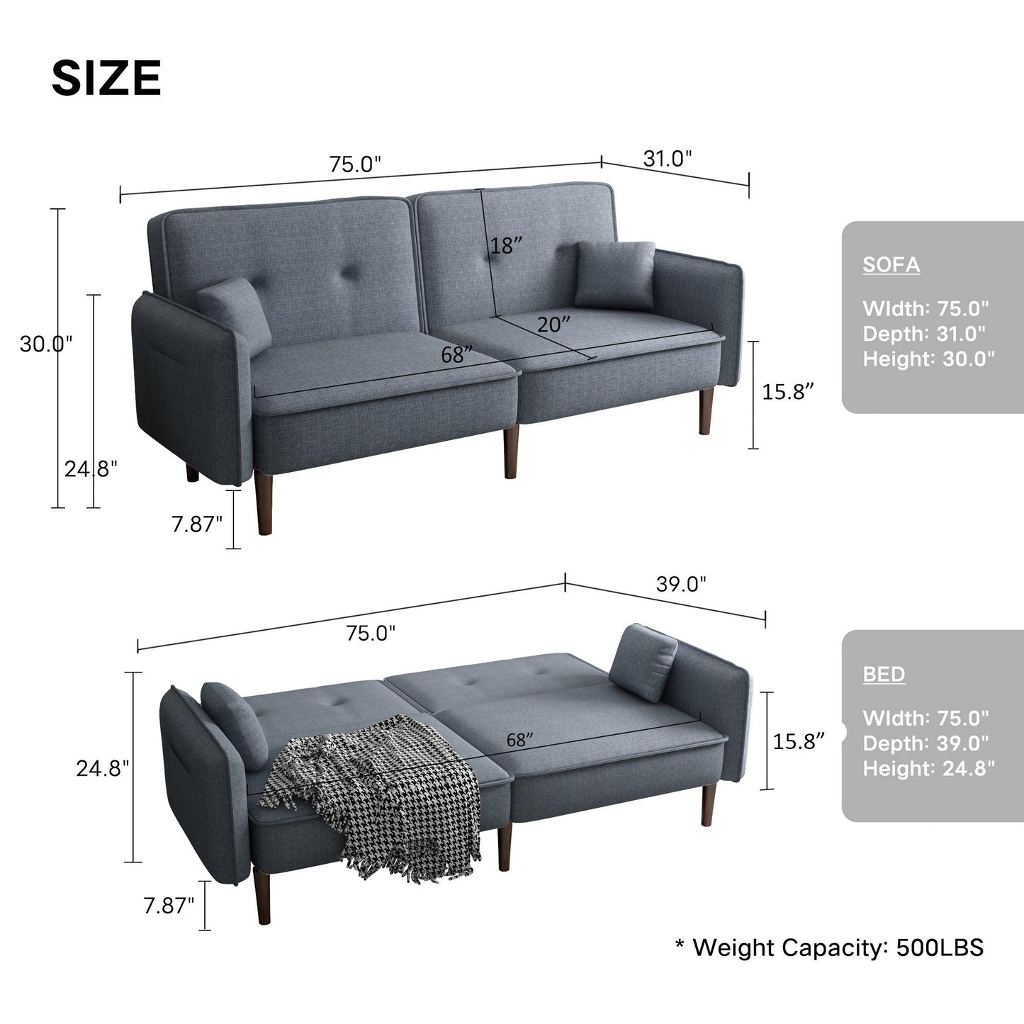 Futon Sofa bed with Solid Wood Leg in Grey Fabric - FurniFindUSA