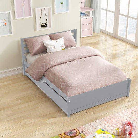 Full Size Wood Platform Bed Frame with Headboard and Twin Trundle For Grey Color - FurniFindUSA