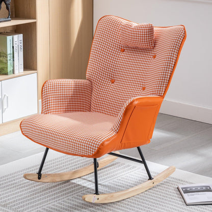 35.5 inch Rocking Chair Soft Houndstooth Fabric Leather Fabric Rocking Chair (orange) - FurniFindUSA